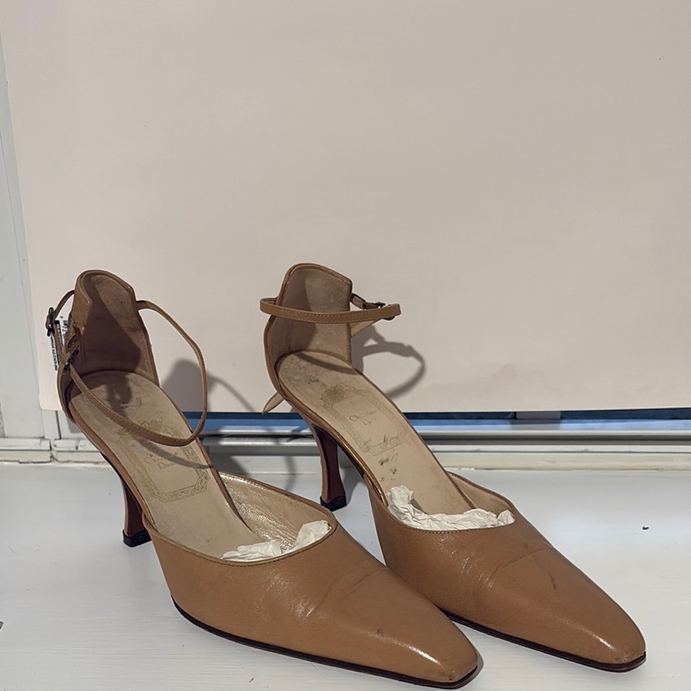 Dior Tan Heels with Pointed-Toe Design and Ankle Straps